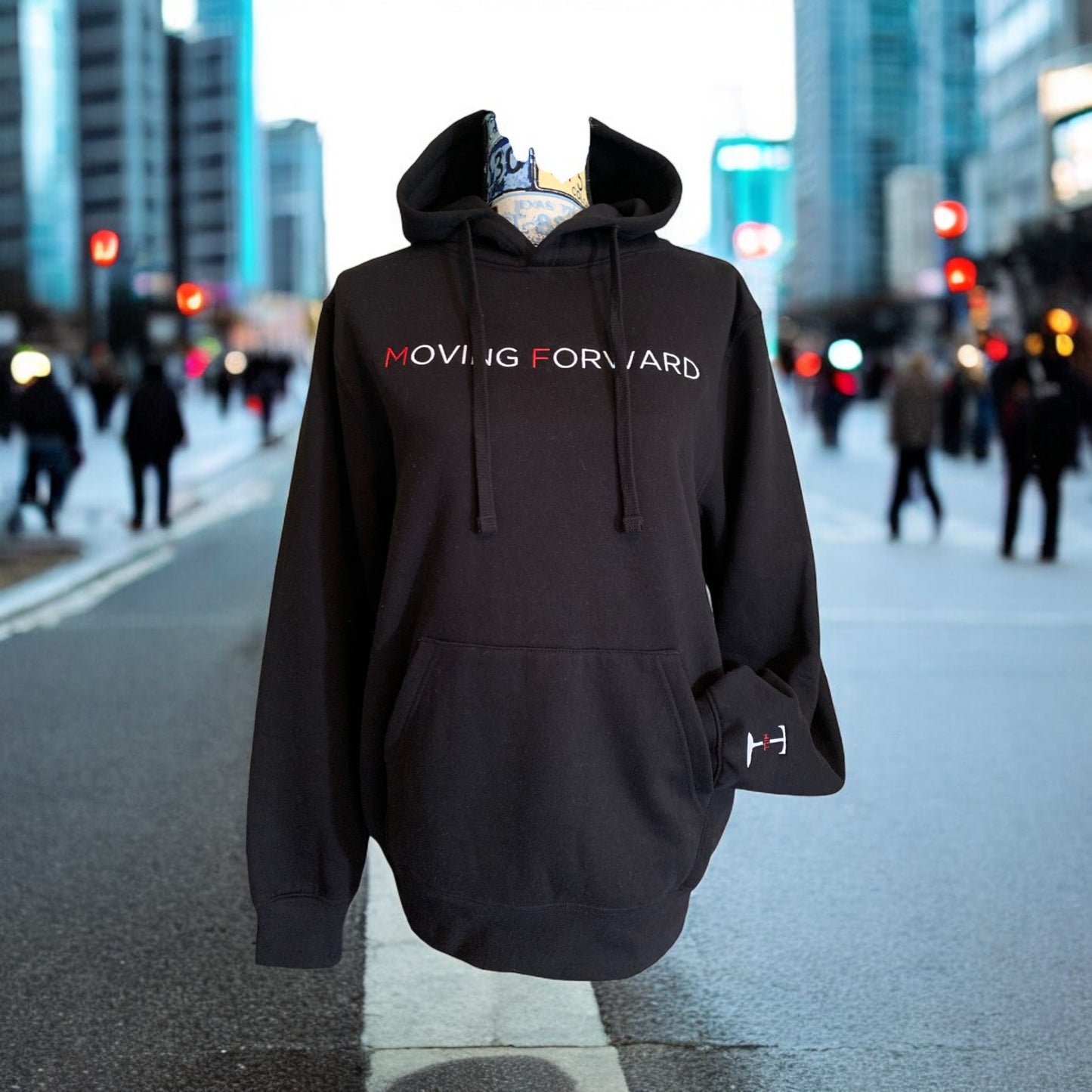 ***Pre-Order*** Embroidered Black Hoodie With Red and White Letters as illustrated Long Sleeve with the empowering and inspiring phrase "Moving Forward" Unisex (Men's Hoodie / Women's Hoodie) **Free Shipping**