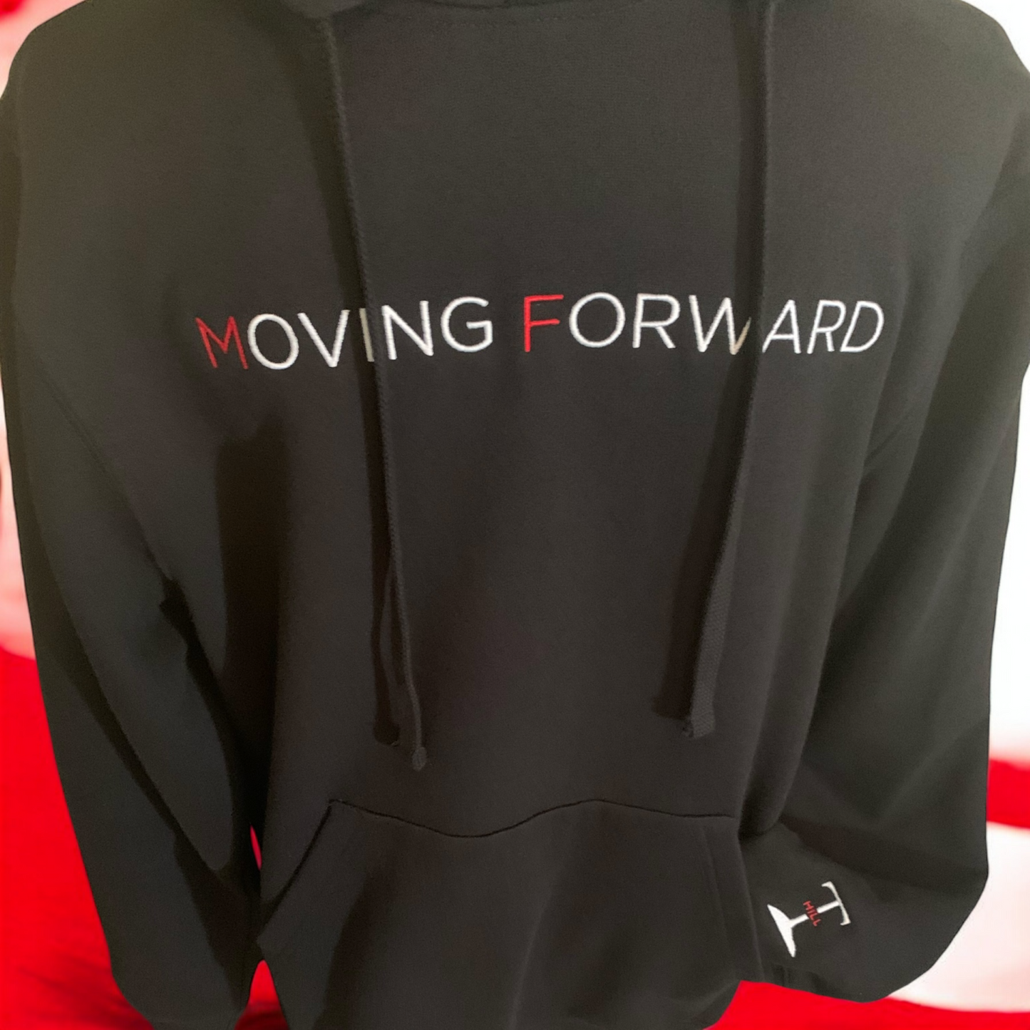 ***Pre-Order*** Embroidered Black Hoodie With Red and White Letters as illustrated Long Sleeve with the empowering and inspiring phrase "Moving Forward" Unisex (Men's Hoodie / Women's Hoodie) **Free Shipping**