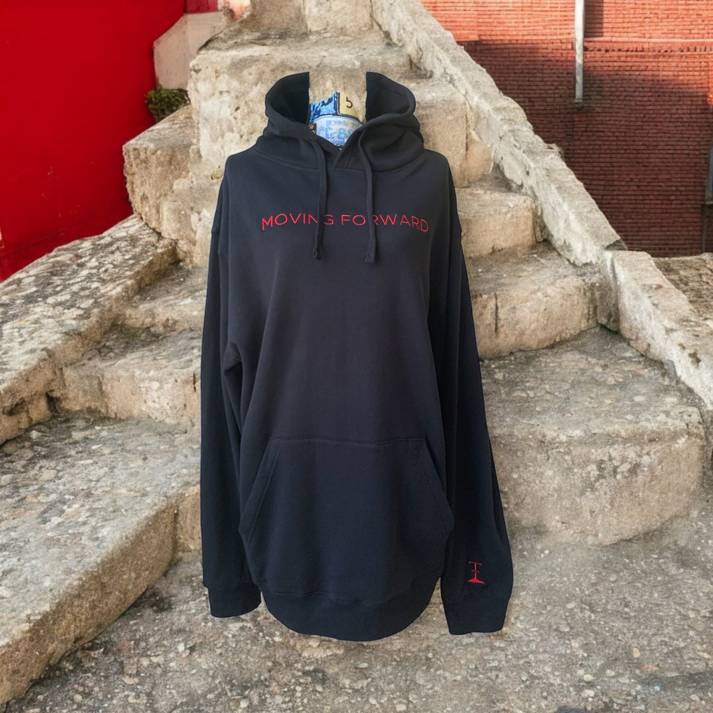 ***Pre Order*** Embroidered Black Hoodie With Red Letters Long Sleeve with the empowering and inspiring phrase "Moving Forward" Unisex (Men's Hoodie / Women's Hoodie) **Free Shipping**