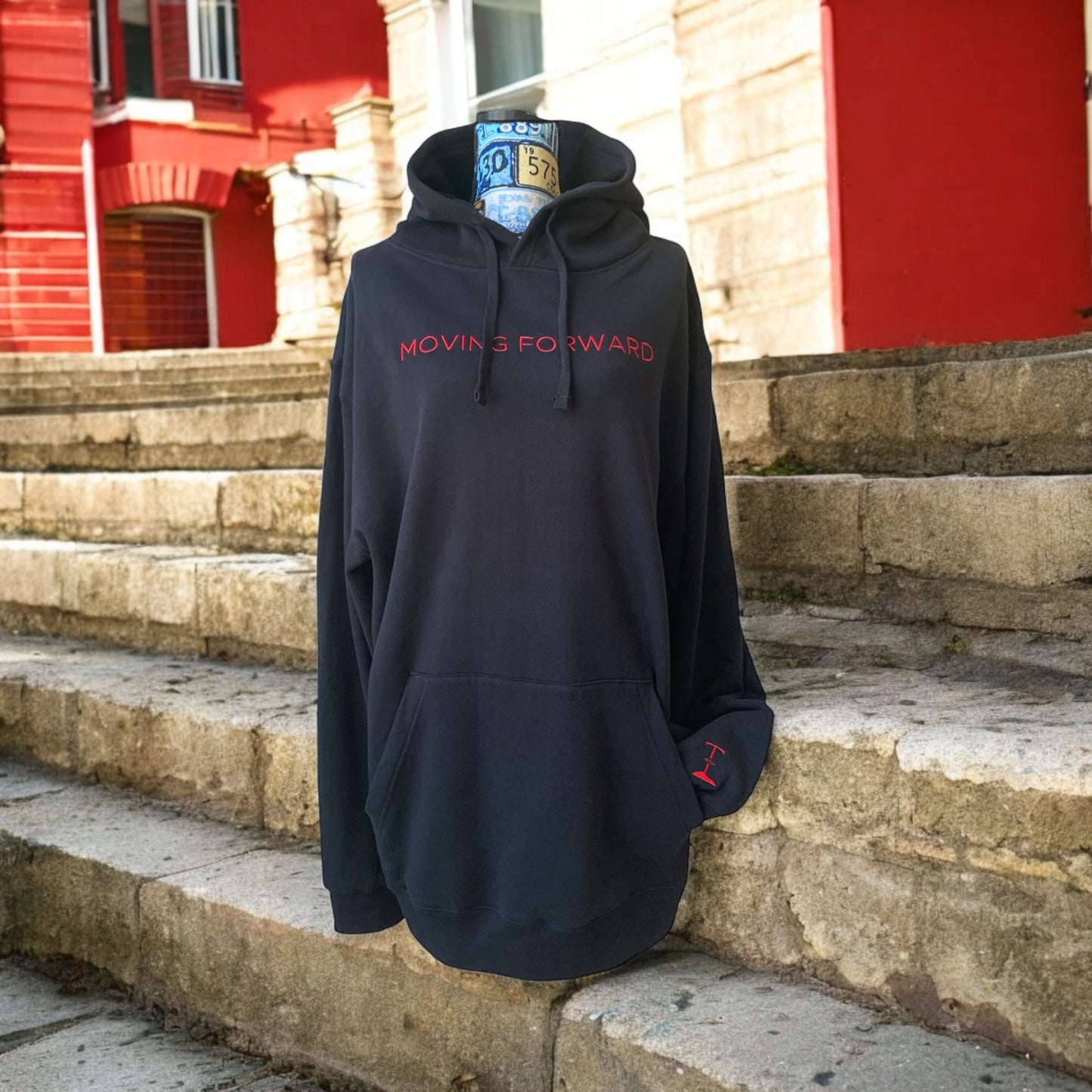 ***Pre Order*** Embroidered Black Hoodie With Red Letters Long Sleeve with the empowering and inspiring phrase "Moving Forward" Unisex (Men's Hoodie / Women's Hoodie) **Free Shipping**