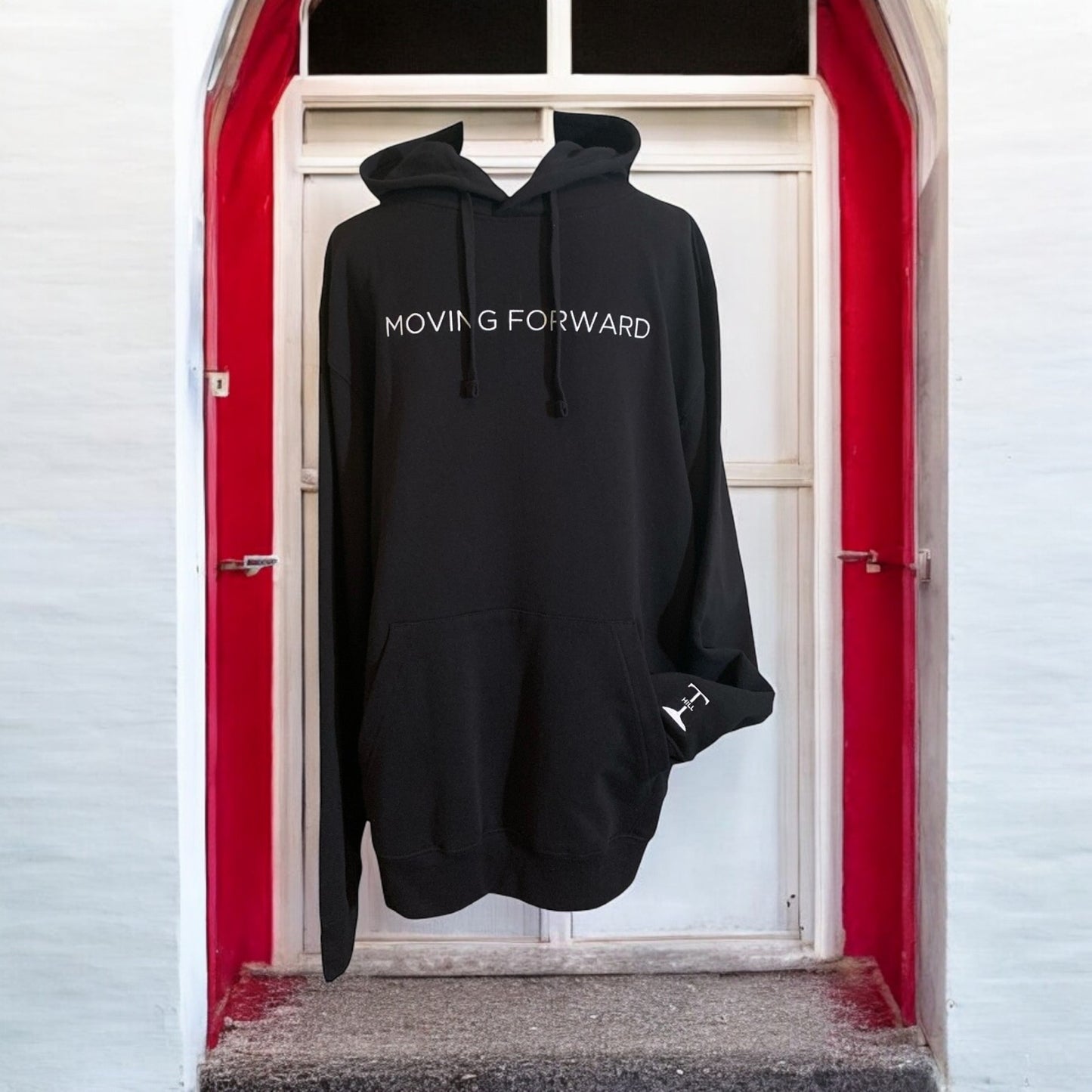 New!! Embroidered Black Hoodie With White Letters Long Sleeve with the empowering and inspiring phrase "Moving Forward" Unisex (Men's Hoodie / Women's Hoodie) **Free Shipping**