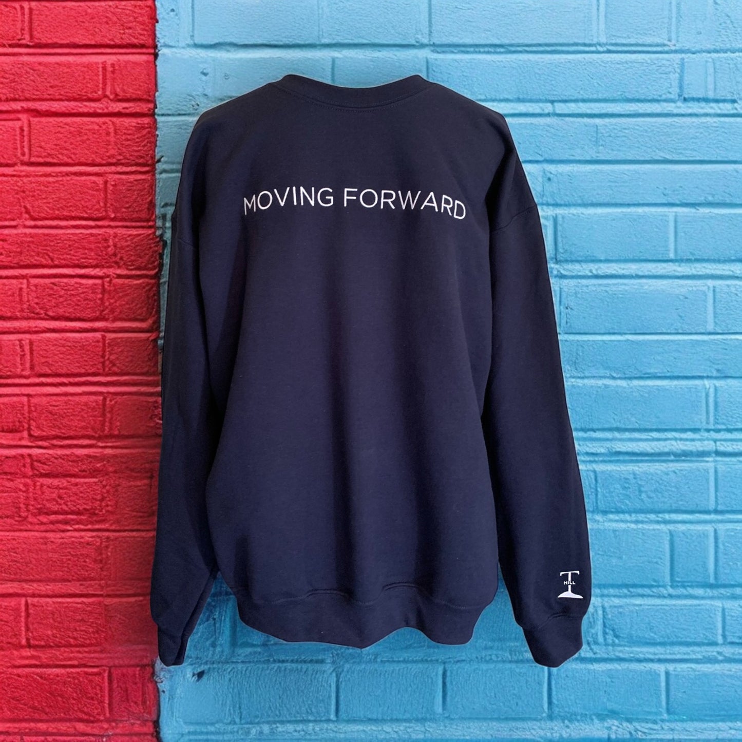 ***Pre-Order*** Embroidered Navy Blue Crewneck Sweatshirt With White Letters Long Sleeve with the empowering and inspiring phrase "Moving Forward" Unisex (Men's Crewneck Sweatshirt / Women's Crewneck Sweatshirt ) **Free Shipping**