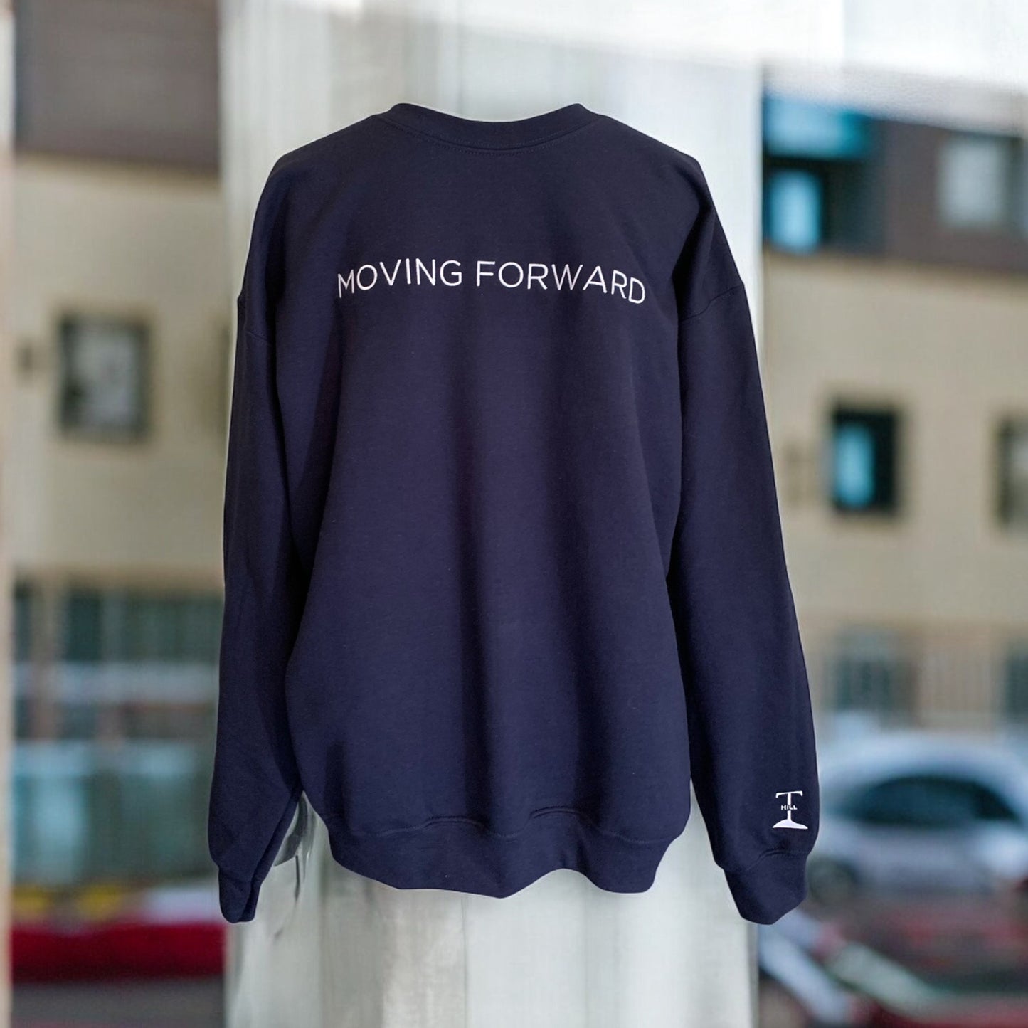 ***Pre-Order*** Embroidered Navy Blue Crewneck Sweatshirt With White Letters Long Sleeve with the empowering and inspiring phrase "Moving Forward" Unisex (Men's Crewneck Sweatshirt / Women's Crewneck Sweatshirt ) **Free Shipping**