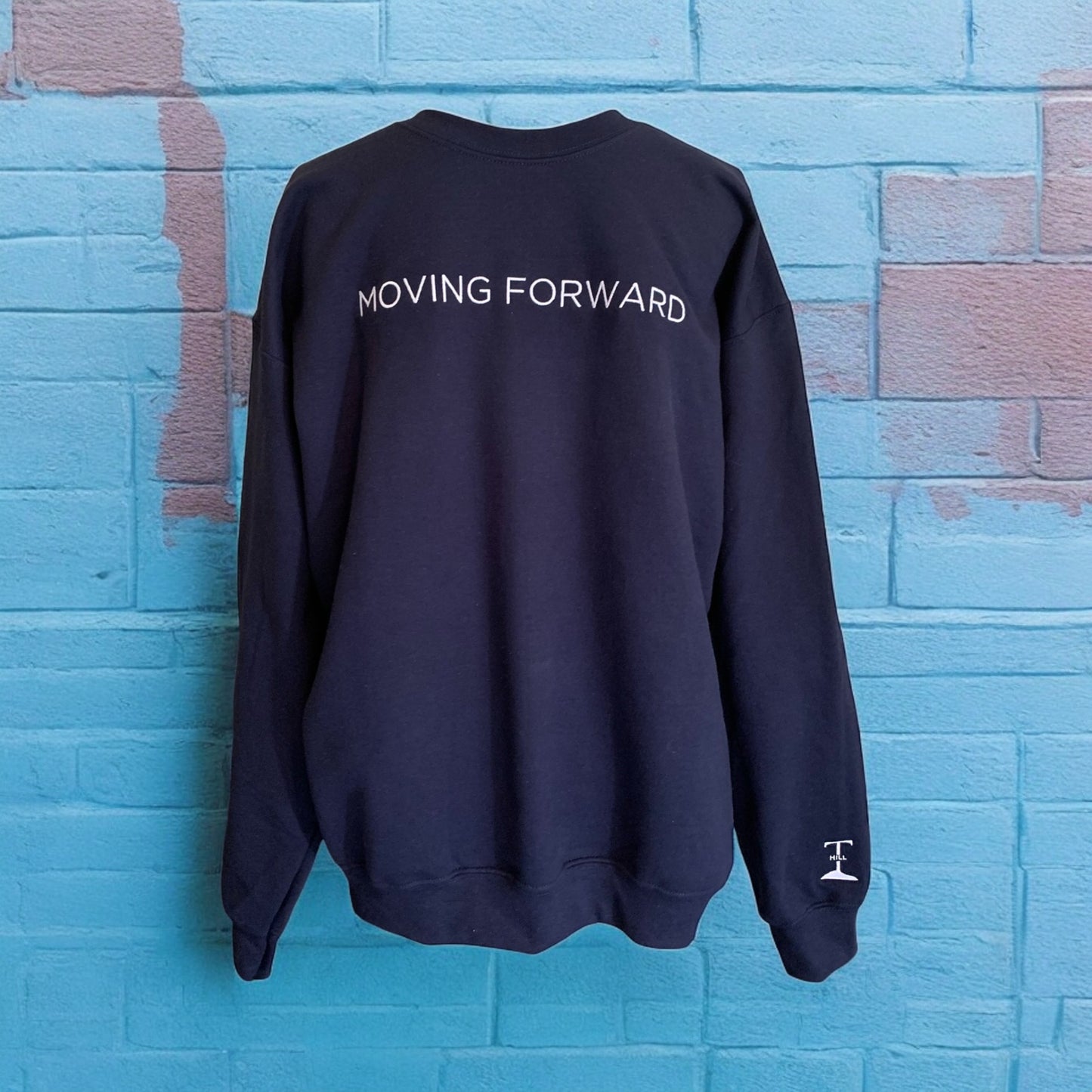***Pre-Order*** Embroidered Navy Blue Crewneck Sweatshirt With White Letters Long Sleeve with the empowering and inspiring phrase "Moving Forward" Unisex (Men's Crewneck Sweatshirt / Women's Crewneck Sweatshirt ) **Free Shipping**