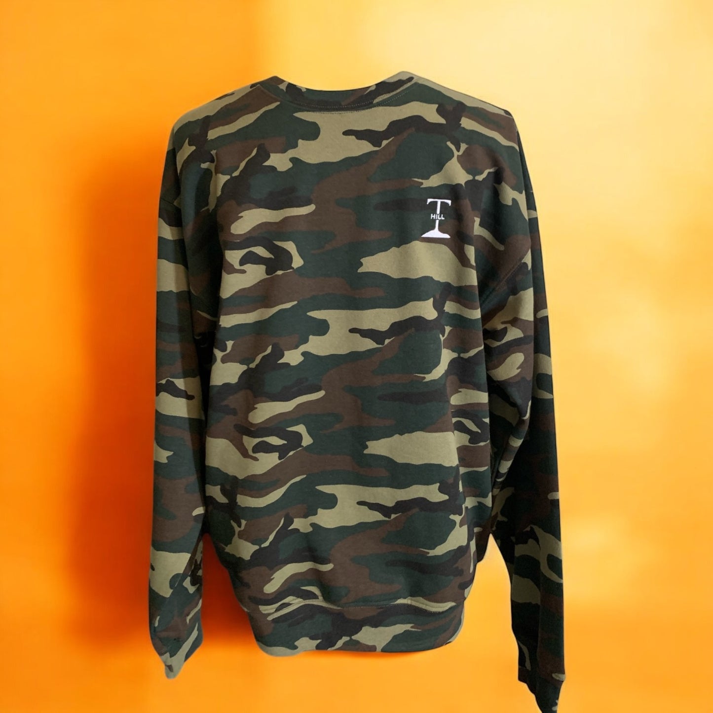 ***Pre-Order*** Camo Crewneck Sweatshirt Long Sleeve With Embroidered T Hill Logo ONLY. Unisex (Men's Crewneck Sweatshirt / Women's Crewneck Sweatshirt ) **Free Shipping**