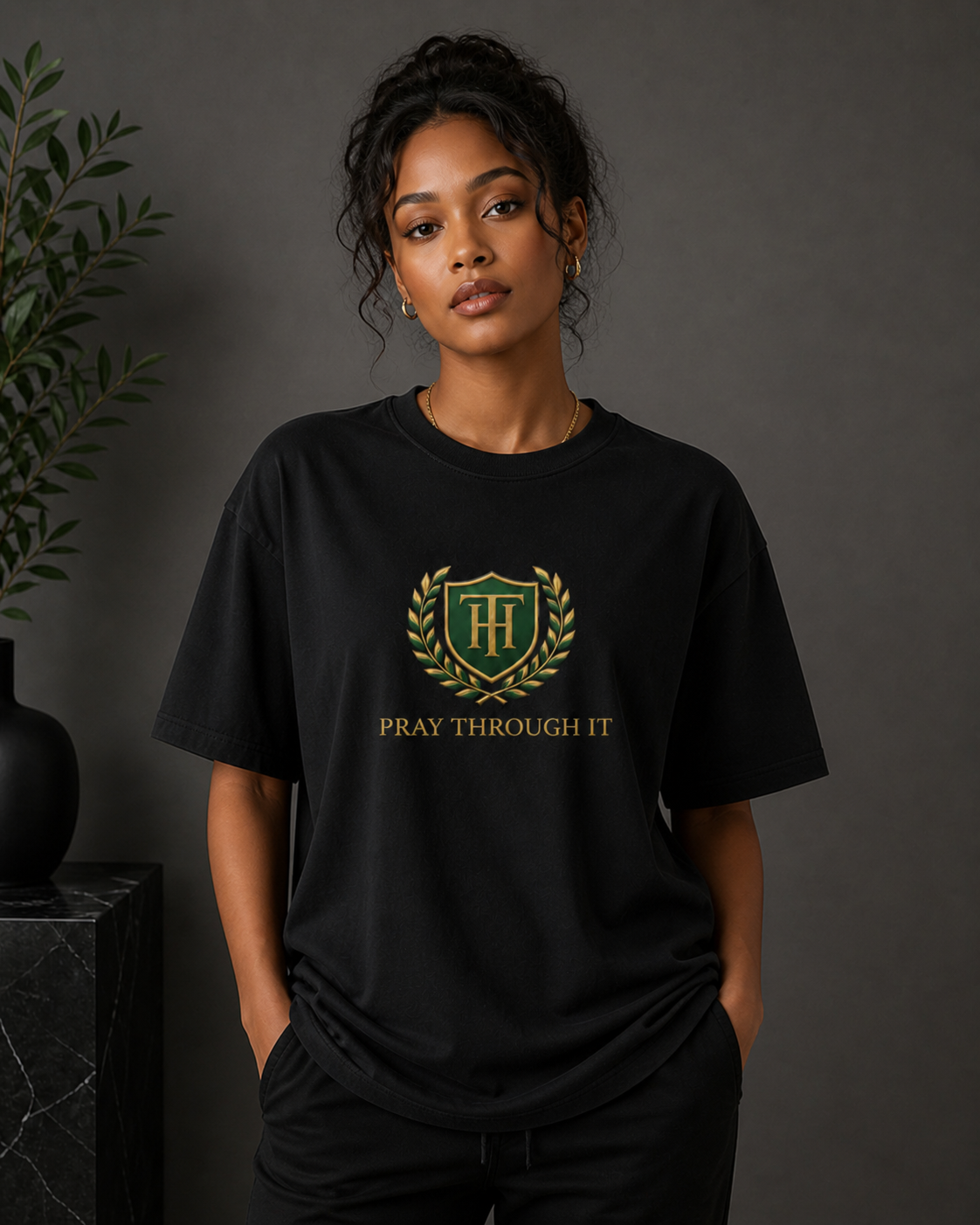 Pray Through It™ Heritage Crest Tee – Black & Gold Edition
