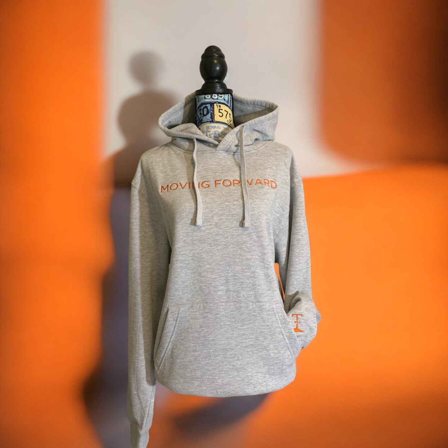 ***Pre-Order*** Embroidered Grey Hoodie with Burnt Orange Letters Long Sleeve with the empowering and inspiring phrase "Moving Forward" Unisex (Men's Hoodie / Women's Hoodie) **Free Shipping**