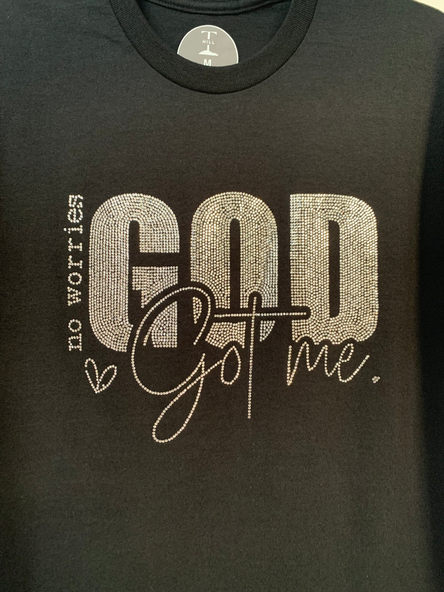 NO WORRIES GOD GOT ME SPARKLING RHINESTONE BLACK TEE ** Free Shipping **