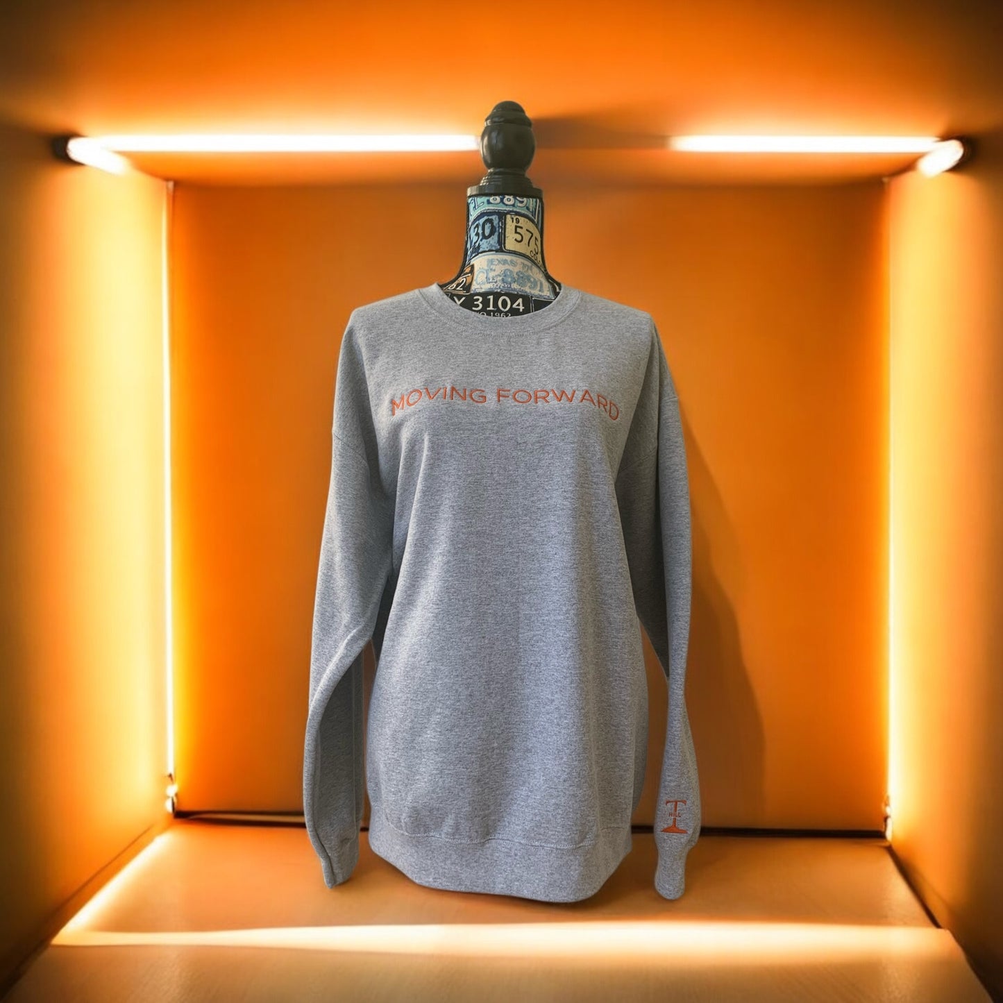 đ„New!! Embroidered Grey Crewneck Sweatshirt With Orange Letters Long Sleeve with the empowering and inspiring phrase "Moving Forward" Unisex (Men's Crewneck Sweatshirt / Women's Crewneck Sweatshirt ) **Free Shipping**