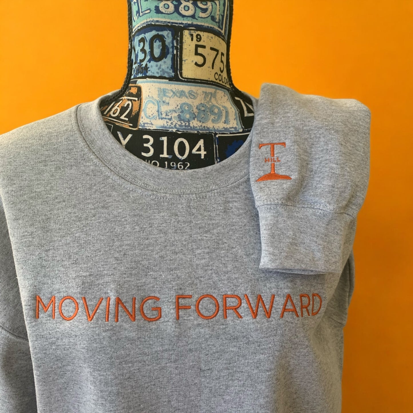 đ„New!! Embroidered Grey Crewneck Sweatshirt With Orange Letters Long Sleeve with the empowering and inspiring phrase "Moving Forward" Unisex (Men's Crewneck Sweatshirt / Women's Crewneck Sweatshirt ) **Free Shipping**