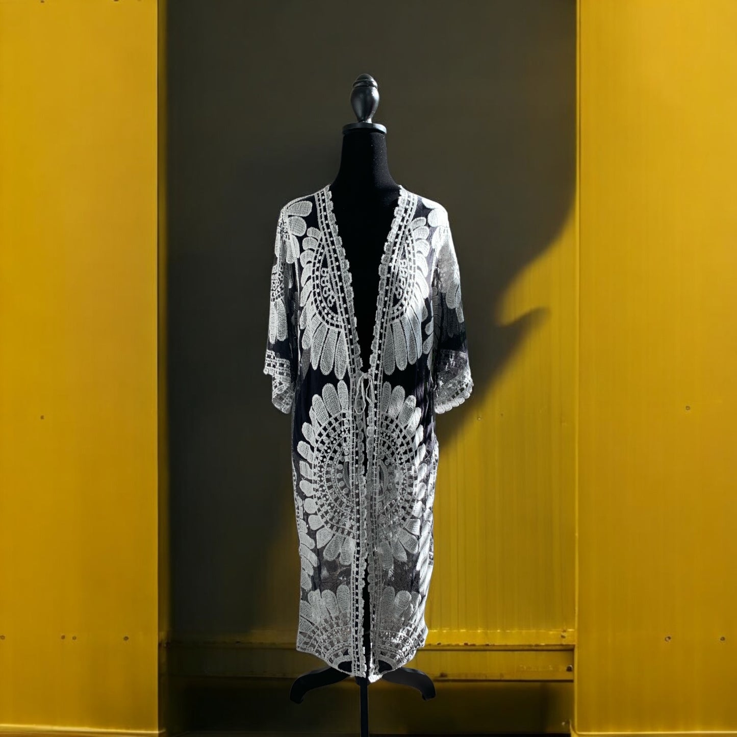 New! Elegant Black & White Sheer Kimono **Free Shipping**