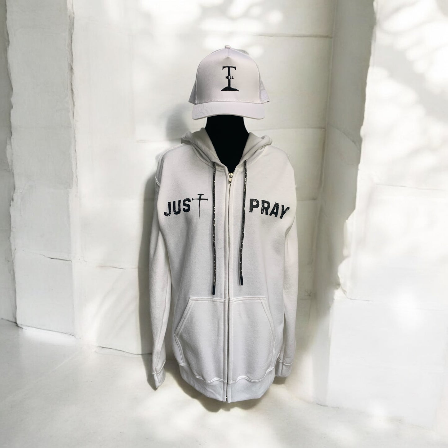 NEW!! "Just Pray" White Zip-Up Hoodie – Dynamic Sparkle Edition (Men / Women) **Free Shipping**