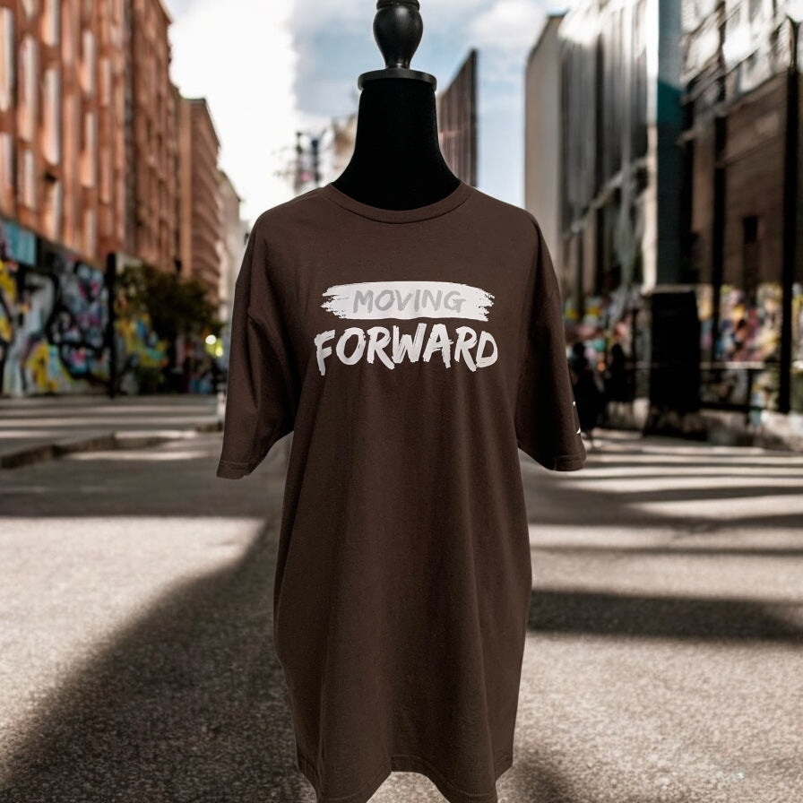 Chocolate Soft-Style Short Sleeve T-shirt with the empowering and inspiring phrase "Moving Forward" Unisex (Men / Women) **Free Shipping**