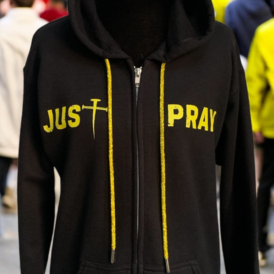 NEW!! "Just Pray" Black Zip-Up Hoodie – Dynamic Sparkle Edition (Men / Women) **Free Shipping**