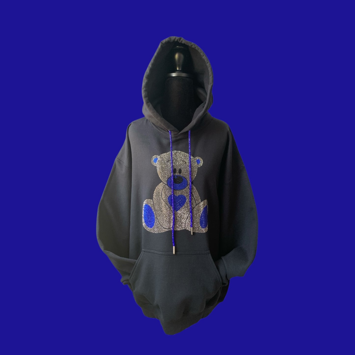 DAZZLING CRYSTAL AND ROYAL BLUE RHINESTONE TEDDY BEAR - BLACK HOODIE ** Free Shipping **