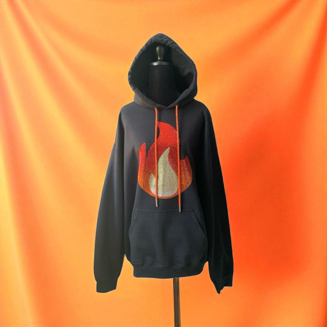 EYE-CATCHING RHINESTONE FLAME BLACK HOODIE ** Free Shipping **