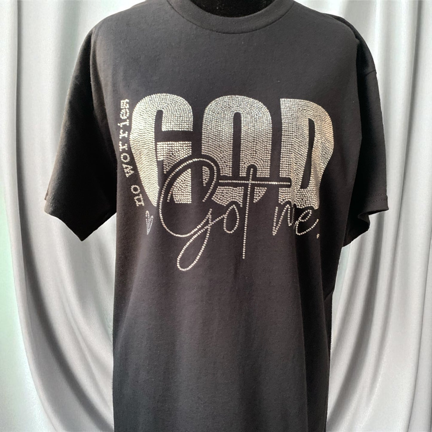 NO WORRIES GOD GOT ME SPARKLING RHINESTONE BLACK TEE ** Free Shipping **