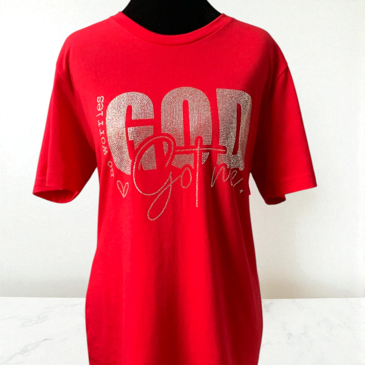 NO WORRIES GOD GOT ME SPARKLING RHINESTONE RED TEE ** Free Shipping **