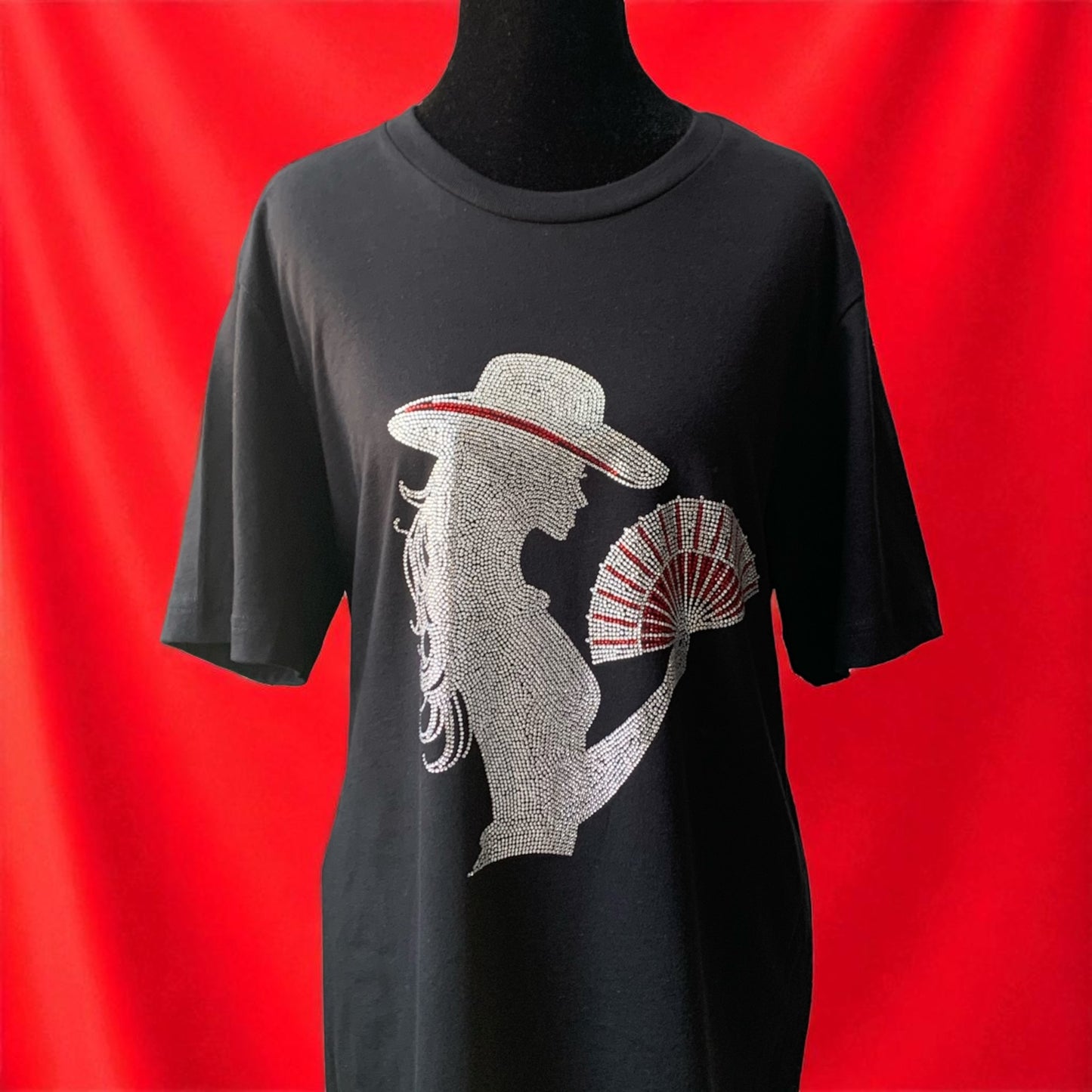RHINESTONE COWGIRL WITH A FAN BLACK T-SHIRT ** Free Shipping **