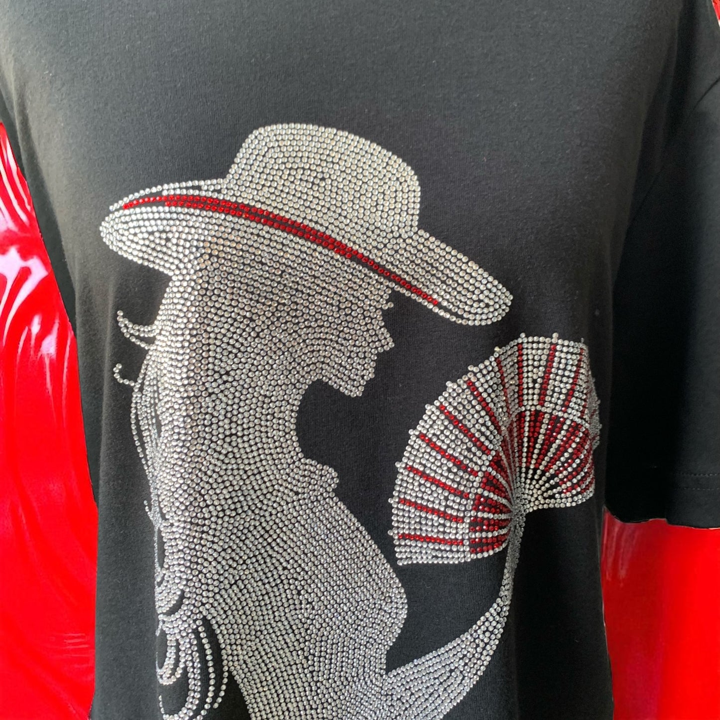 RHINESTONE COWGIRL WITH A FAN BLACK T-SHIRT ** Free Shipping **
