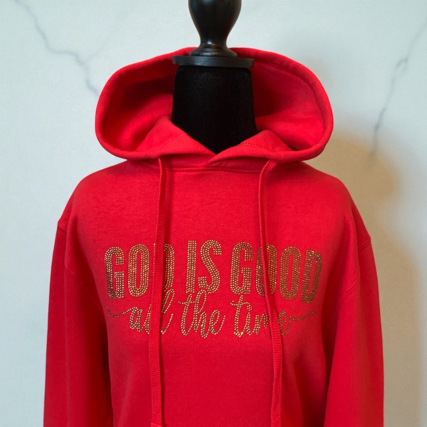 "GOD IS GOOD ALL THE TIME" - RED HOODIE/BLACK HOODIE WITH GOLD DESIGN IN RHINESTONES