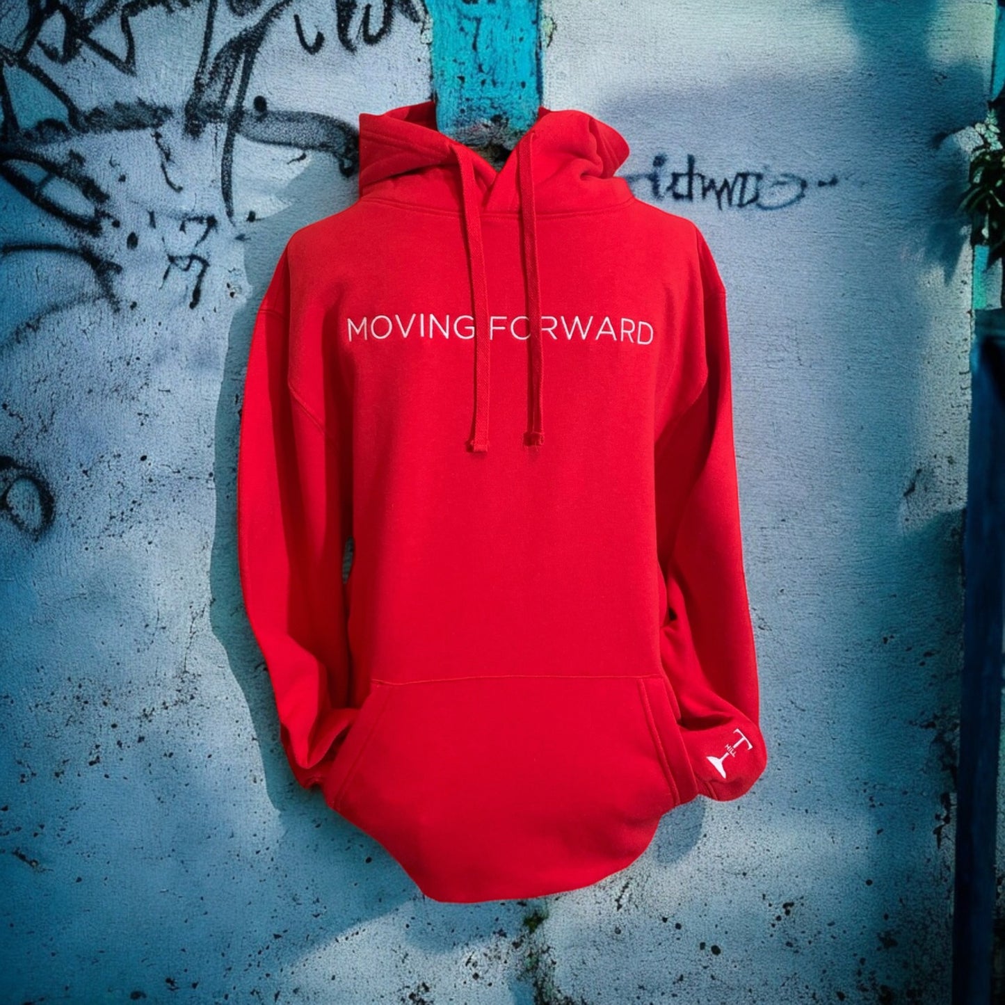 Large Embroidered Red Hoodie With White Letters Long Sleeve with the empowering and inspiring phrase "Moving Forward" Unisex (Men's Hoodie / Women's Hoodie) **Free Shipping**