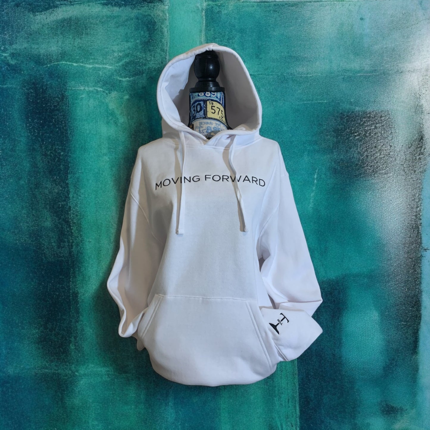 New!! Embroidered White Hoodie With Black Letters Long Sleeve with the empowering and inspiring phrase "Moving Forward" Unisex (Men's Hoodie / Women's Hoodie) **Free Shipping**