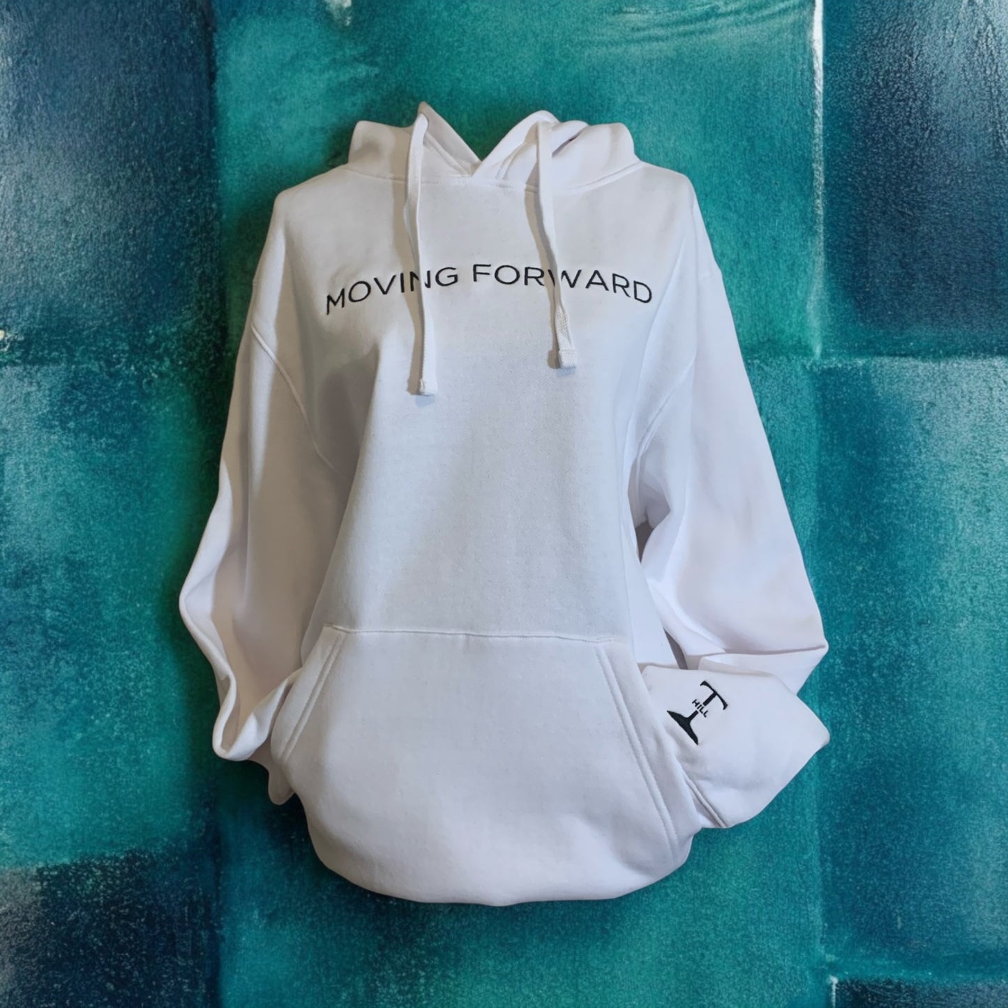 New!! Embroidered White Hoodie With Black Letters Long Sleeve with the empowering and inspiring phrase "Moving Forward" Unisex (Men's Hoodie / Women's Hoodie) **Free Shipping**