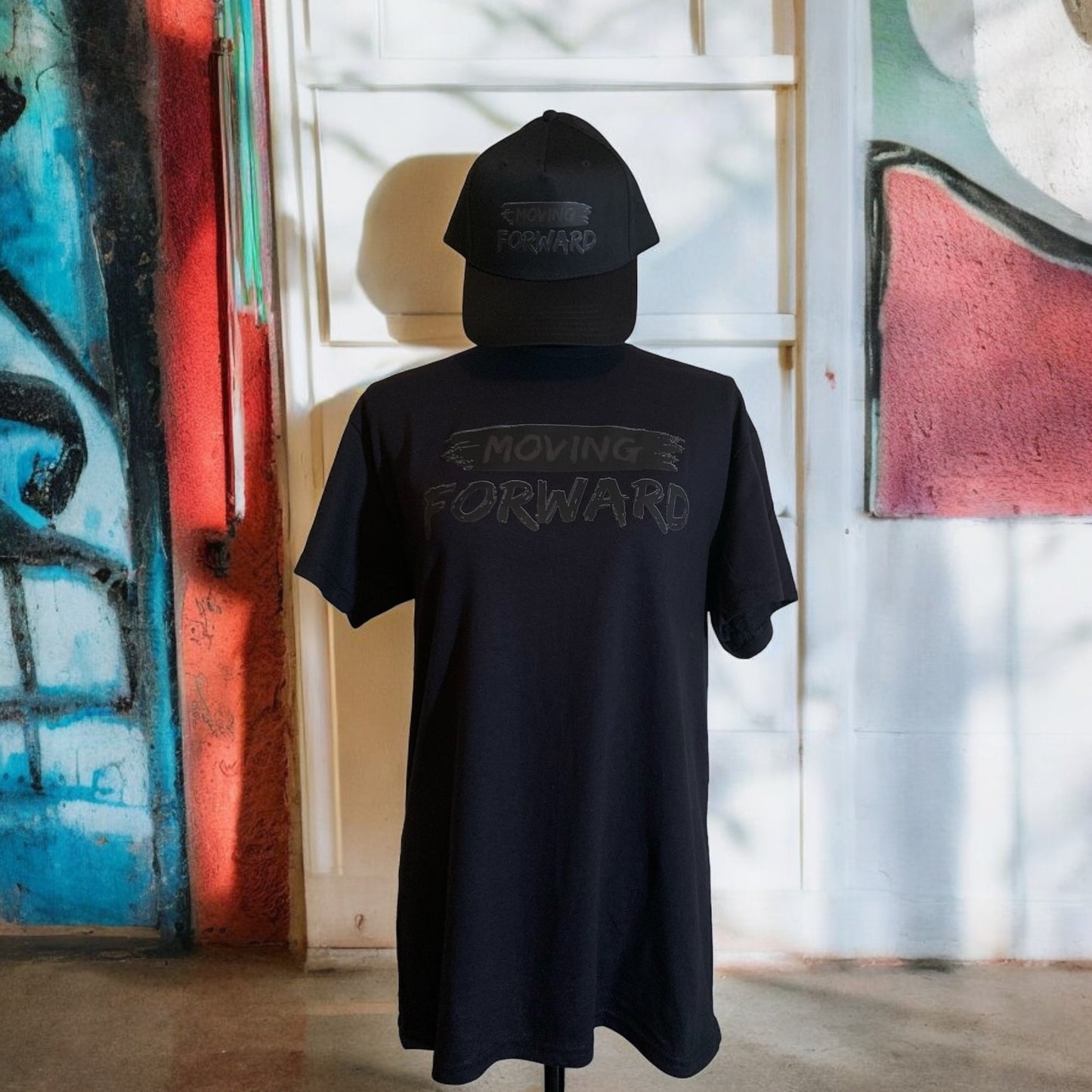 Black Short Sleeve T-shirt with the empowering and inspiring phrase "Moving Forward" in all black. Unisex (Men / Women) **Free Shipping**