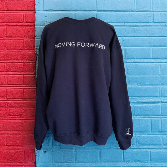 ***Pre-Order***  Embroidered Navy Blue Crewneck Sweatshirt With White Letters  Long Sleeve with the empowering and inspiring phrase "Moving Forward" Unisex (Men's  Crewneck Sweatshirt  / Women's Crewneck Sweatshirt ) **Free Shipping**