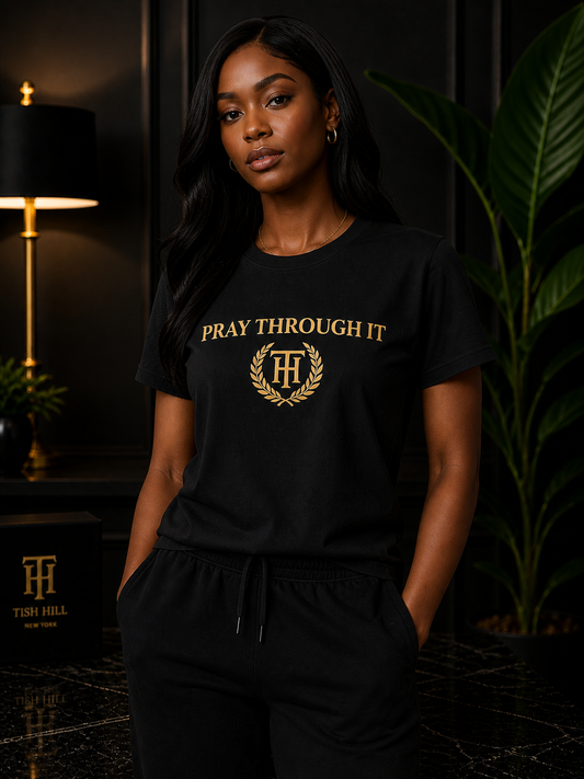 Pray Through It™ Heritage Arc Tee – Black & Gold Edition