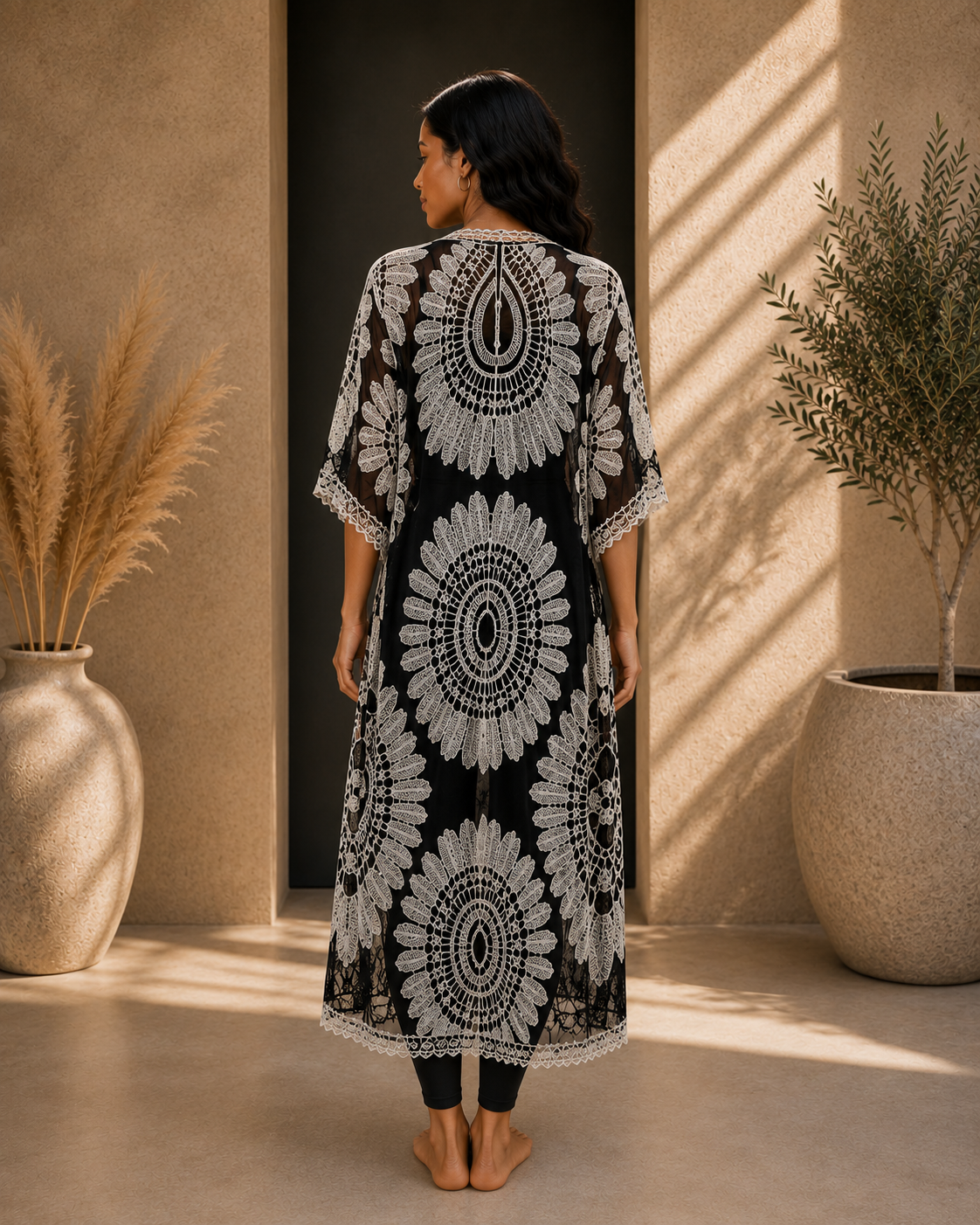 Black & White Sheer Lace Kimono Cover-Up | Elegant Resort Style
