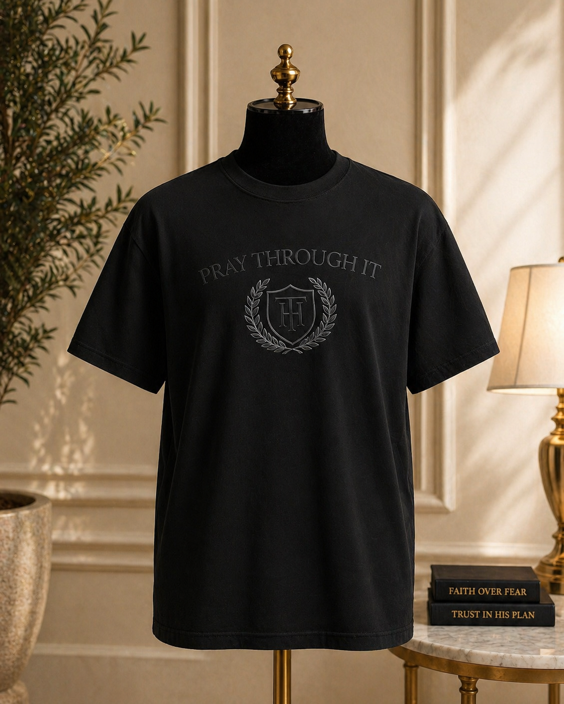 Pray Through It™ Heritage Crest Tee – Tonal Black Edition