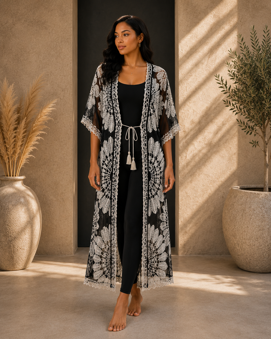 Black & White Sheer Lace Kimono Cover-Up | Elegant Resort Style