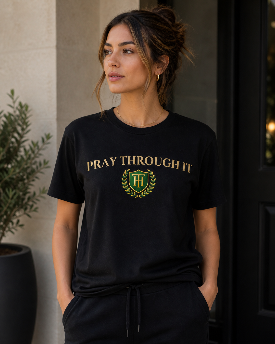 Pray Through It™ Heritage Arc Tee – Black/Gold/Green Edition