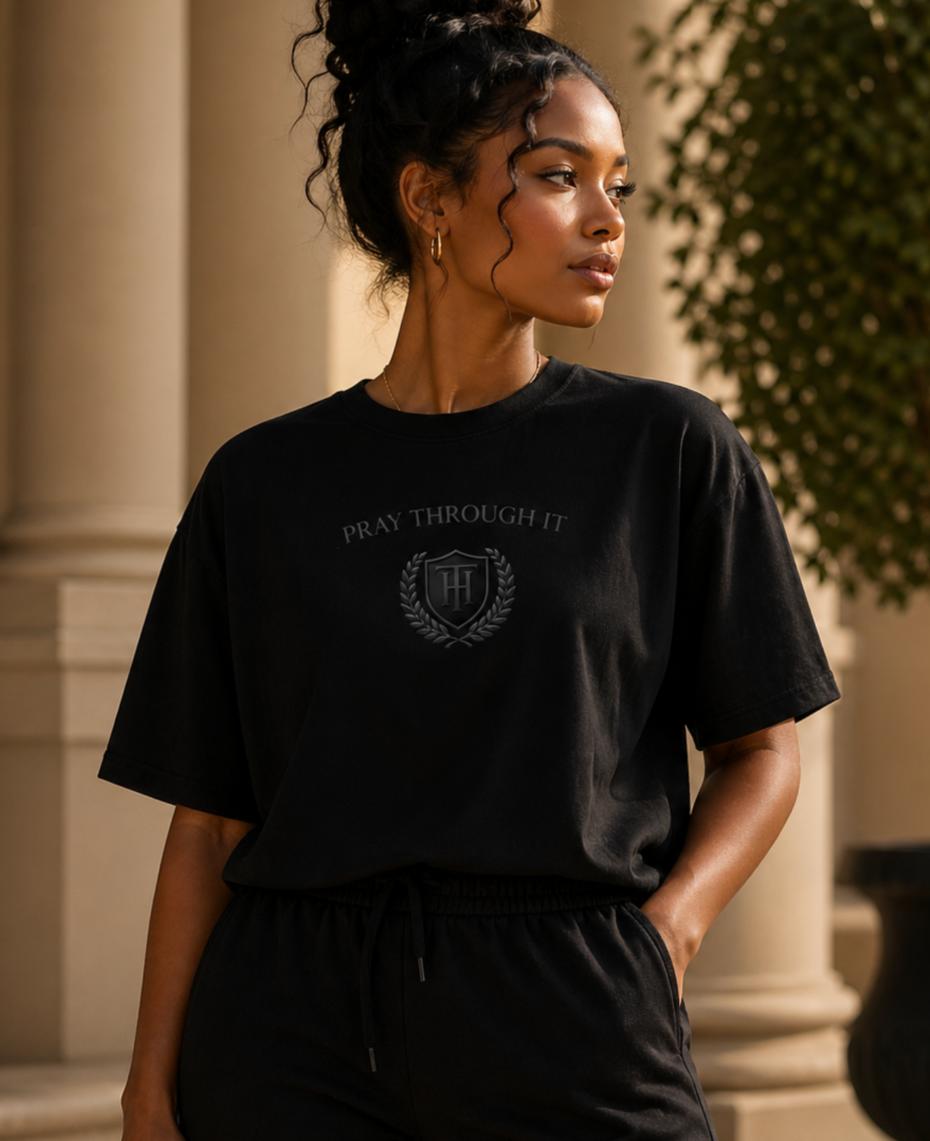 Pray Through It™ Heritage Crest Tee – Tonal Black Edition