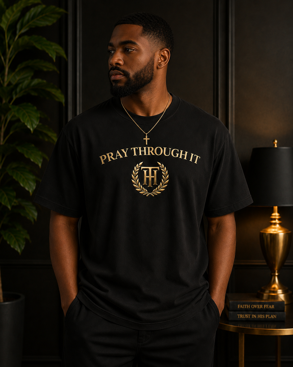 Pray Through It™ Heritage Arc Tee – Black & Gold Edition