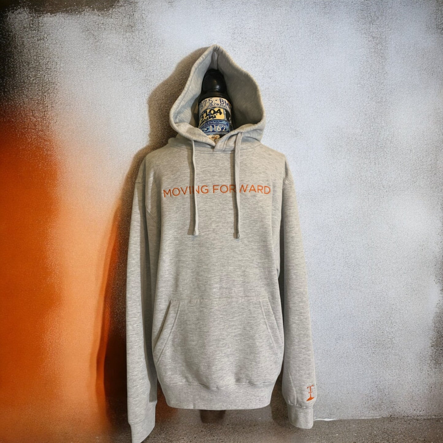 ***Pre-Order***  Embroidered Grey Hoodie with Burnt Orange Letters Long Sleeve with the empowering and inspiring phrase "Moving Forward" Unisex (Men's Hoodie / Women's Hoodie) **Free Shipping**
