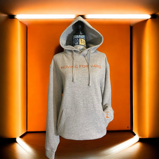 ***Pre-Order***  Embroidered Grey Hoodie with Burnt Orange Letters Long Sleeve with the empowering and inspiring phrase "Moving Forward" Unisex (Men's Hoodie / Women's Hoodie) **Free Shipping**