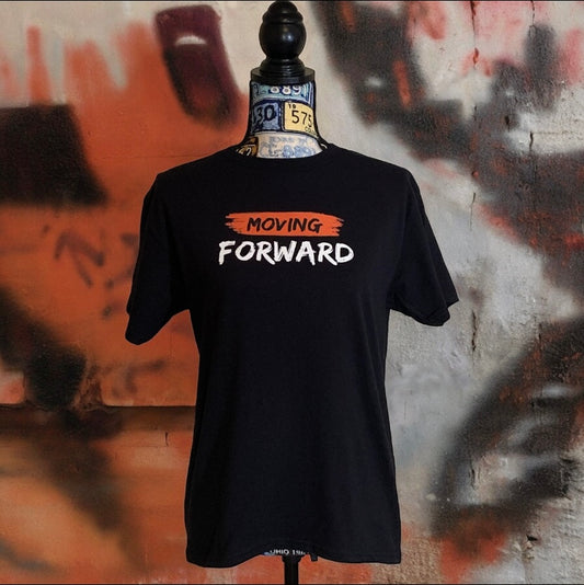 Black Short Sleeve T-shirt with the empowering and inspiring phrase "Moving Forward". Unisex (Men / Women)