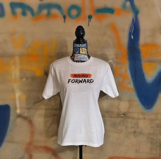 White Short Sleeve T-shirt with the empowering and inspiring phrase "Moving Forward". Unisex (Men / Women)