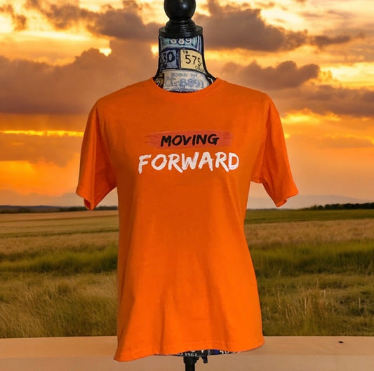 Orange Short Sleeve T-shirt with the empowering and inspiring phrase "Moving Forward". Unisex (Men / Women)