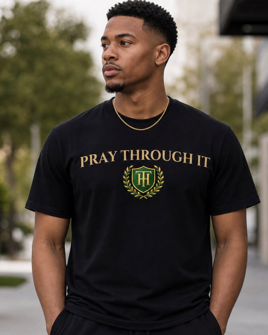 Pray Through It™ Heritage Arc Tee – Black/Gold/Green Edition