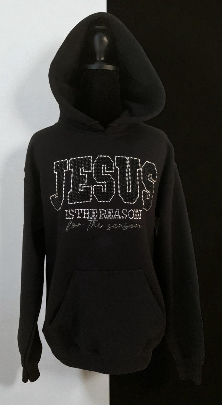 "JESUS IS THE REASON FOR THE SEASON" BLACK HOODIES AVAILABLE IN BLACK/SILVER AND RED/GREEN RHINESTONES **Free Shipping**
