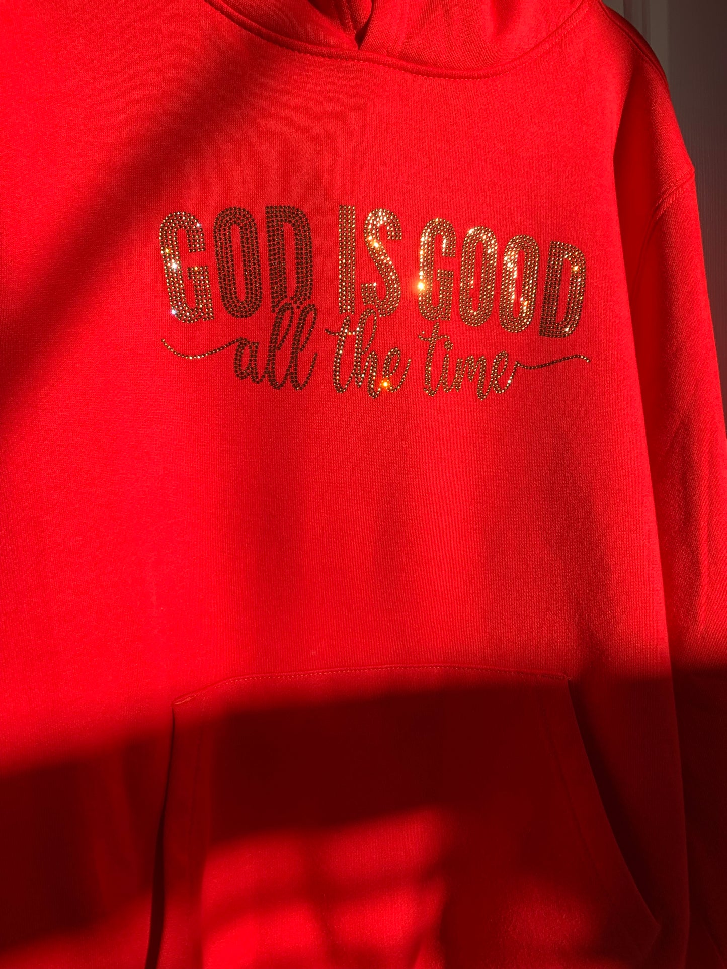 "GOD IS GOOD ALL THE TIME" - RED HOODIE/BLACK HOODIE  WITH GOLD DESIGN IN RHINESTONES **Free Shipping**
