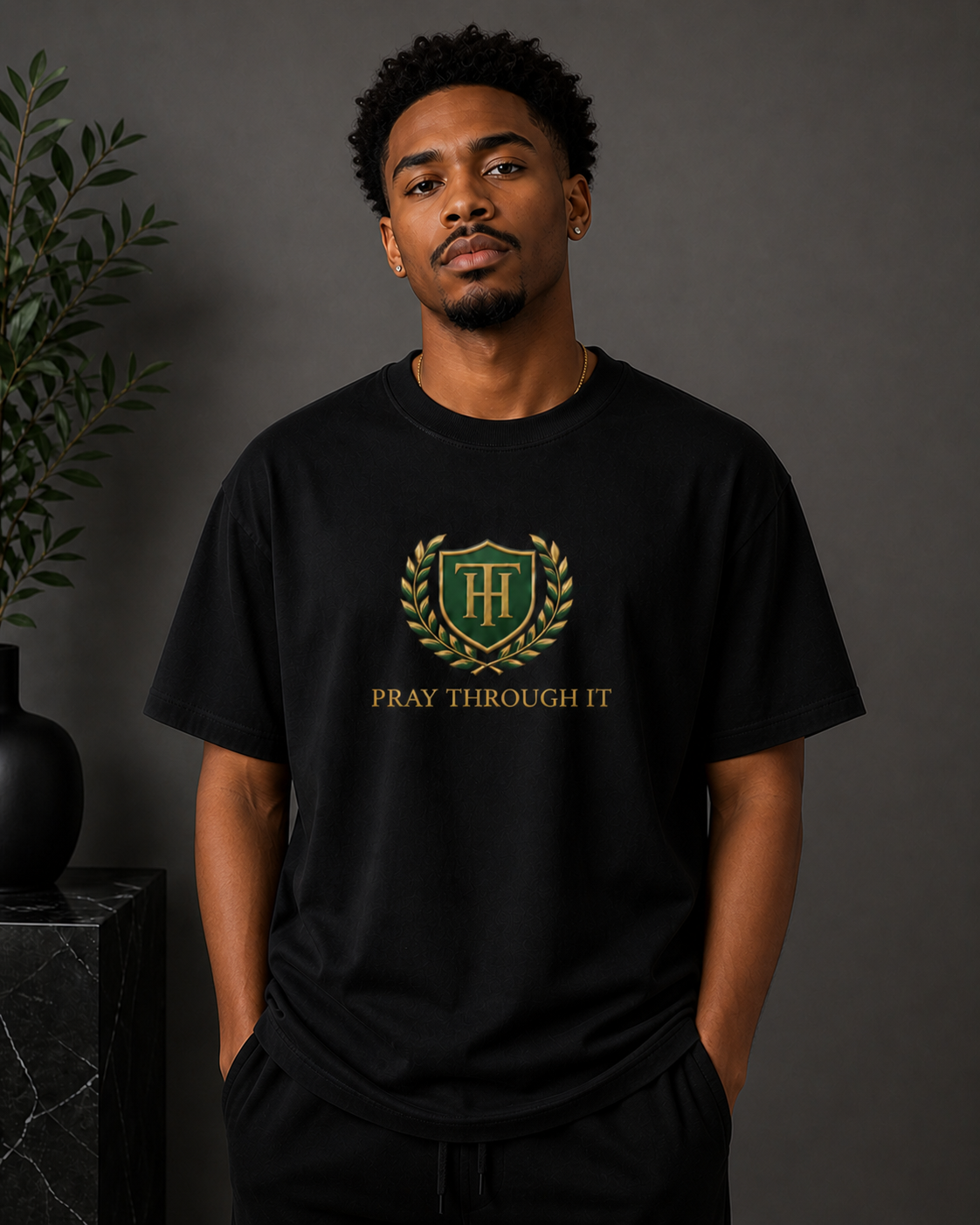 Pray Through It™ Heritage Crest Tee – Black & Gold Edition