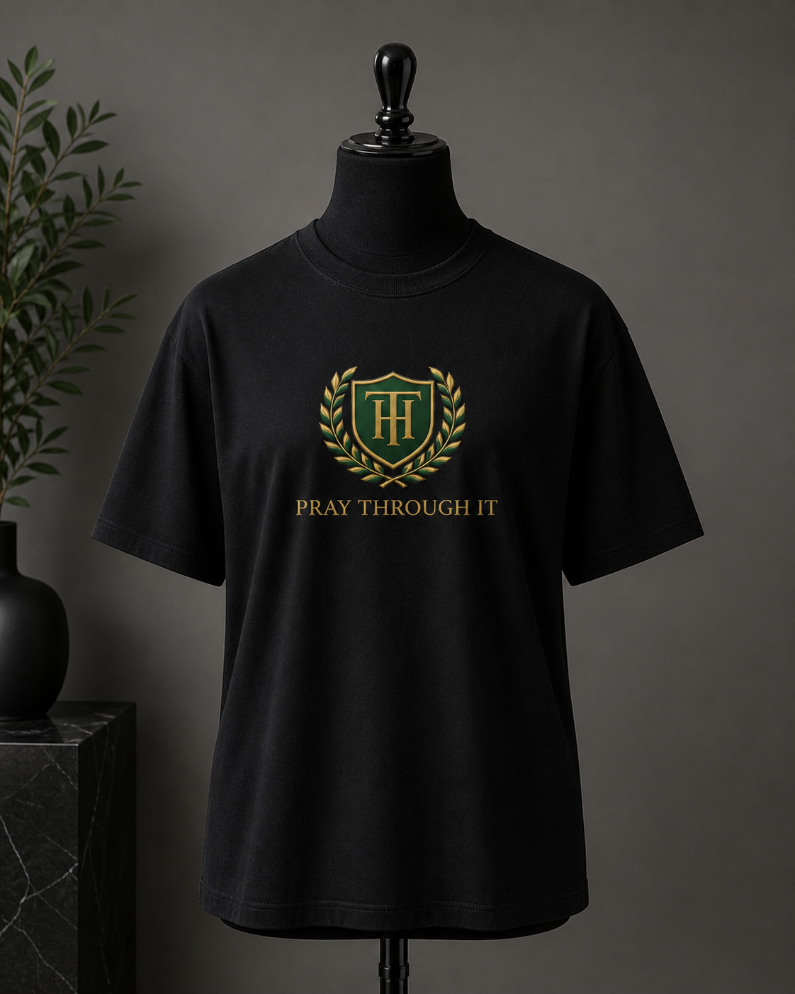 Pray Through It™ Heritage Crest Tee – Black & Gold Edition