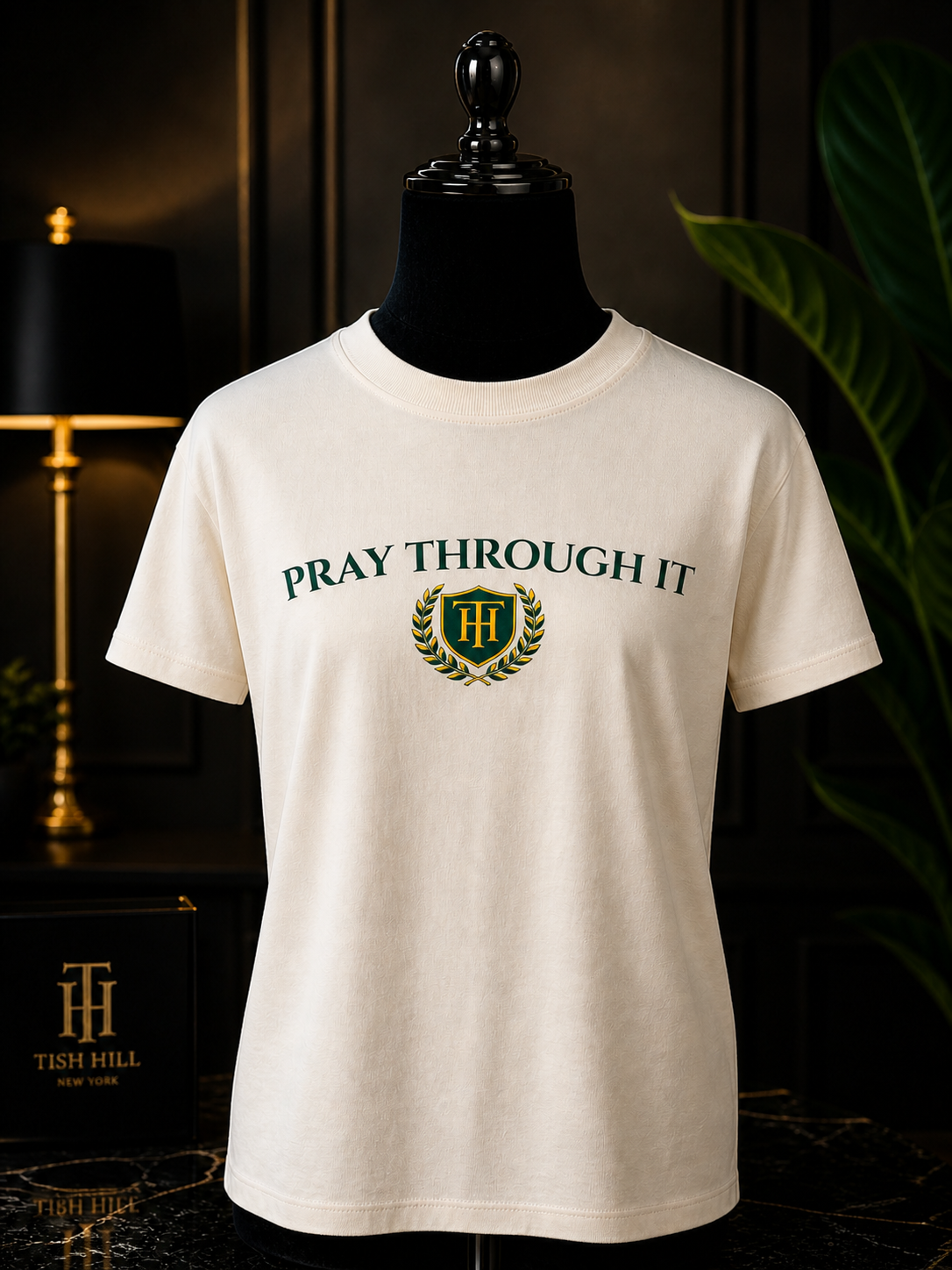 Pray Through It™ Arc Crest Tee – Ivory / Emerald Gold Edition
