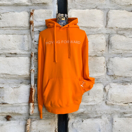 ***Pre-Order***  Embroidered Orange Hoodie With White Letters  Long Sleeve with the empowering and inspiring phrase "Moving Forward" Unisex (Men's Hoodie / Women's Hoodie) **Free Shipping**