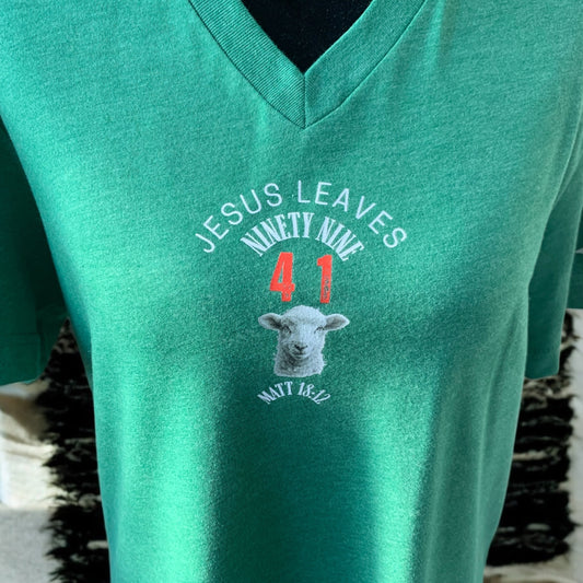 New! "He Left the 99 to Find Me – Faith Based V-Neck T-shirt | Matthew 18:12 Bible Verse Tee" **Free Shipping**
